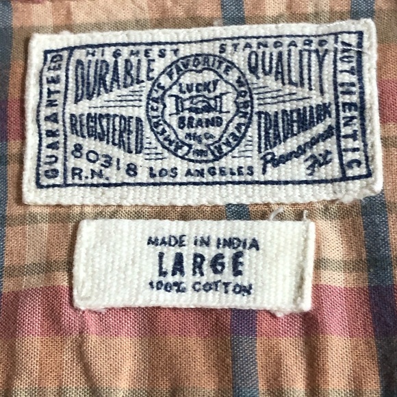 Lucky Brand Shirt Mens L Plaid Cotton Tan Pink Button Up Collared Long S… - Picture 13 of 14